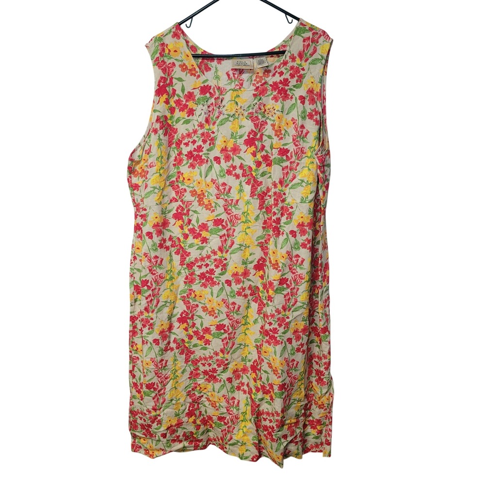 Field Manor‎ Vintage 2XL Linen Blend Dress Floral Spring Beaded Sleeveless Midi